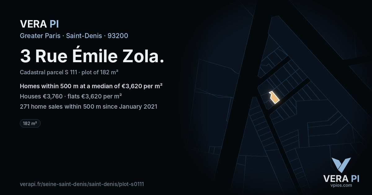 3 Rue Émile Zola, Saint-Denis at night – the plot lit, the parcels around coloured by the prices near them