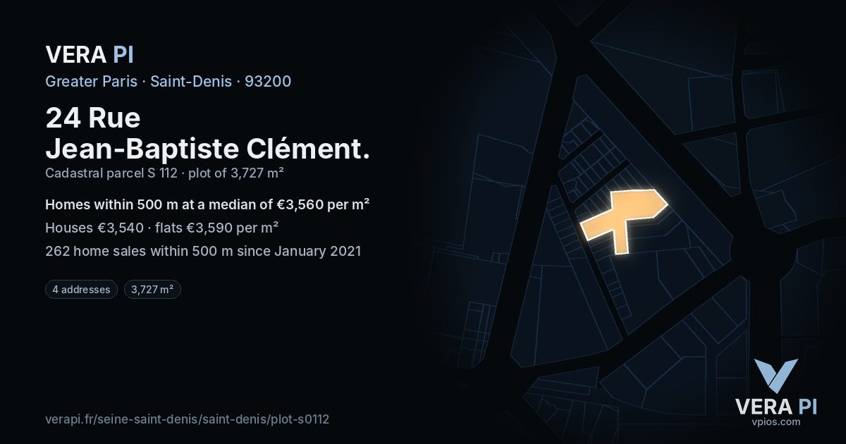 24 Rue Jean-Baptiste Clément, Saint-Denis at night – the plot lit, the parcels around coloured by the prices near them