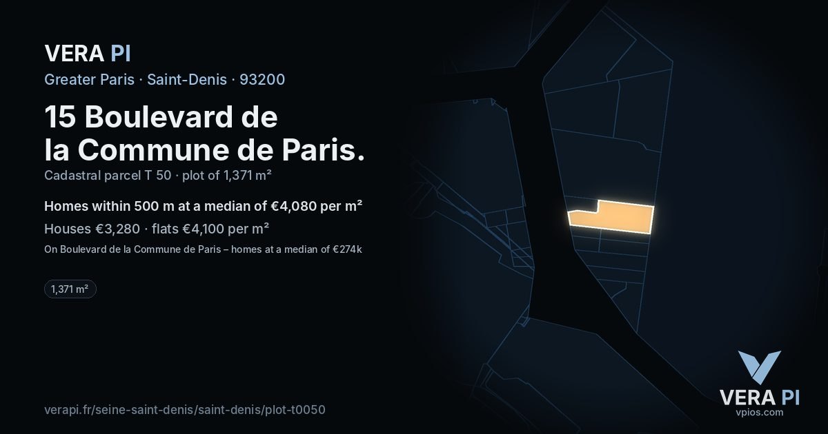 15 Boulevard de la Commune de Paris, Saint-Denis at night – the plot lit, the parcels around coloured by the prices near them