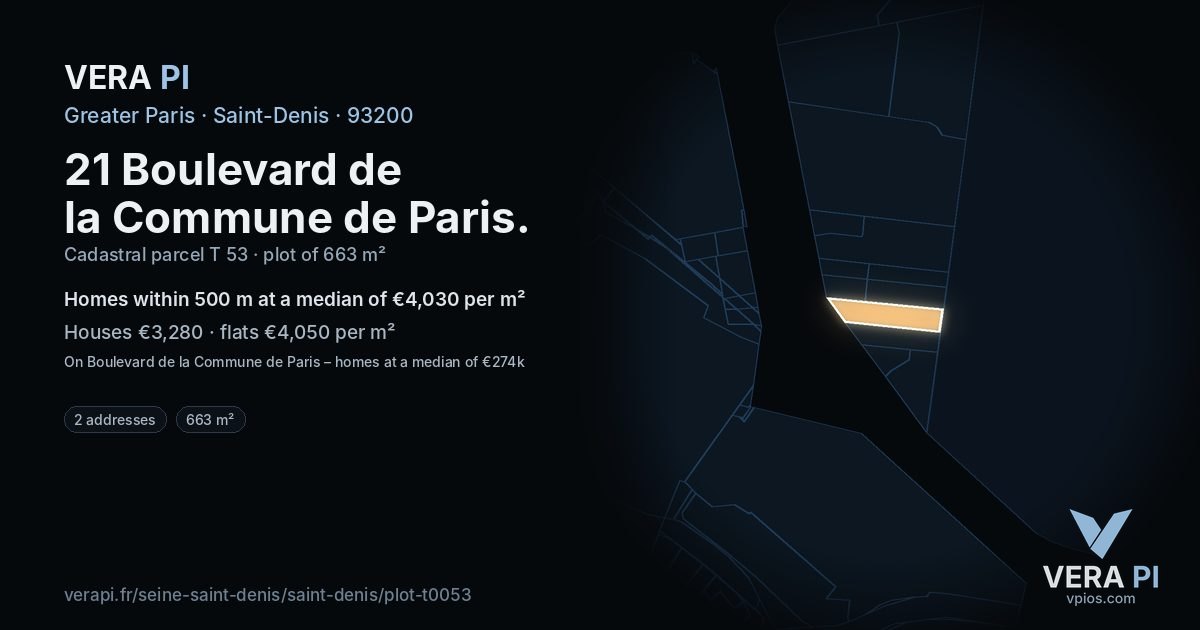 21 Boulevard de la Commune de Paris, Saint-Denis at night – the plot lit, the parcels around coloured by the prices near them