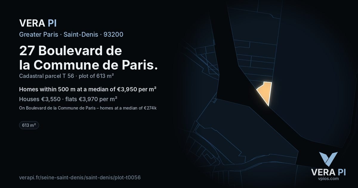 27 Boulevard de la Commune de Paris, Saint-Denis at night – the plot lit, the parcels around coloured by the prices near them