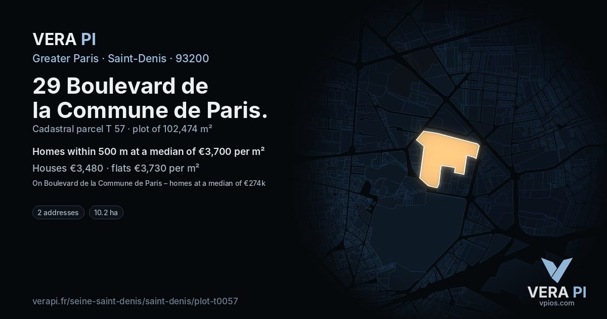 29 Boulevard de la Commune de Paris, Saint-Denis at night – the plot lit, the parcels around coloured by the prices near them