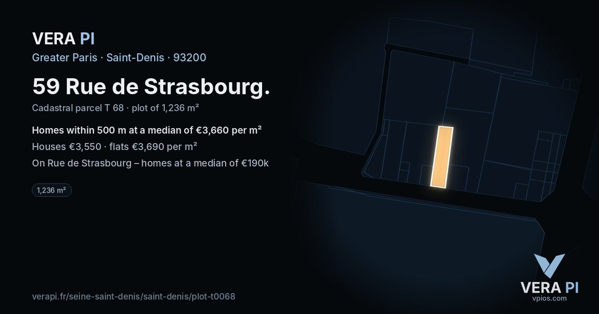 59 Rue de Strasbourg, Saint-Denis at night – the plot lit, the parcels around coloured by the prices near them