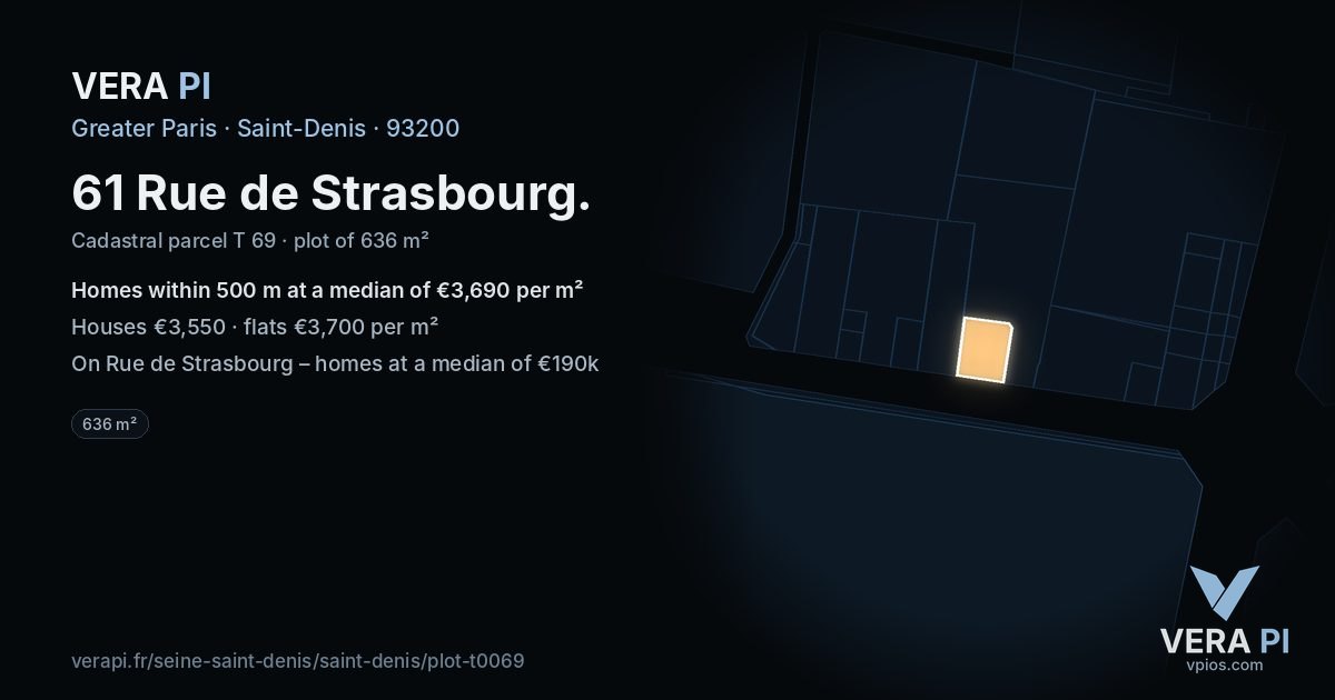 61 Rue de Strasbourg, Saint-Denis at night – the plot lit, the parcels around coloured by the prices near them