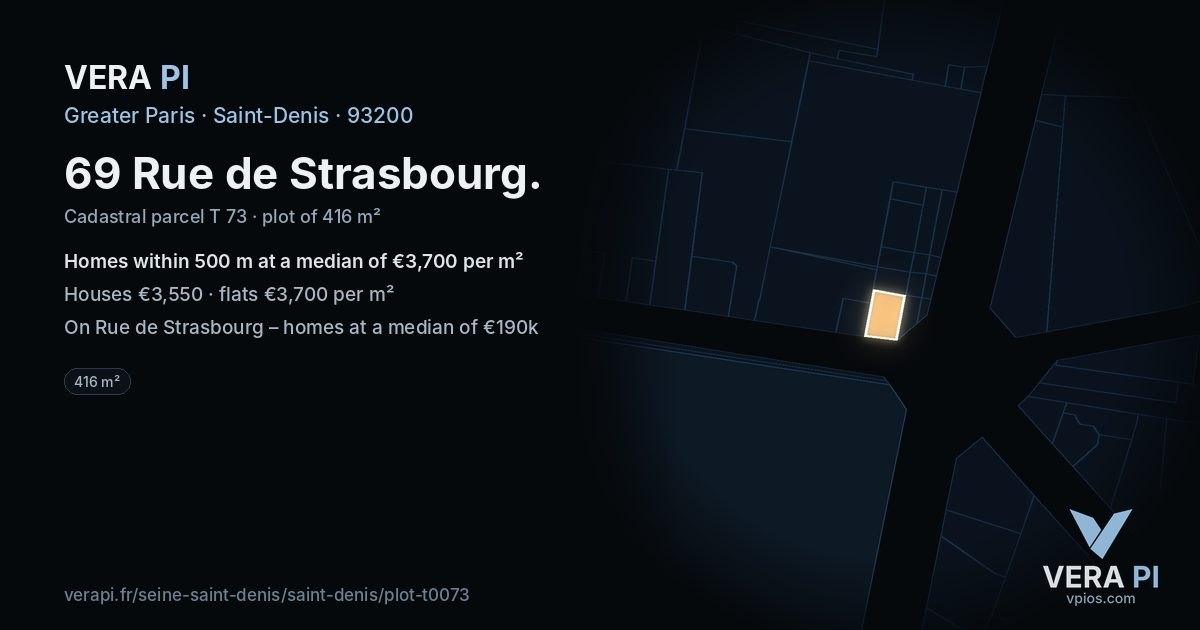 69 Rue de Strasbourg, Saint-Denis at night – the plot lit, the parcels around coloured by the prices near them
