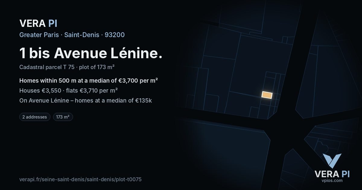 1 bis Avenue Lénine, Saint-Denis at night – the plot lit, the parcels around coloured by the prices near them