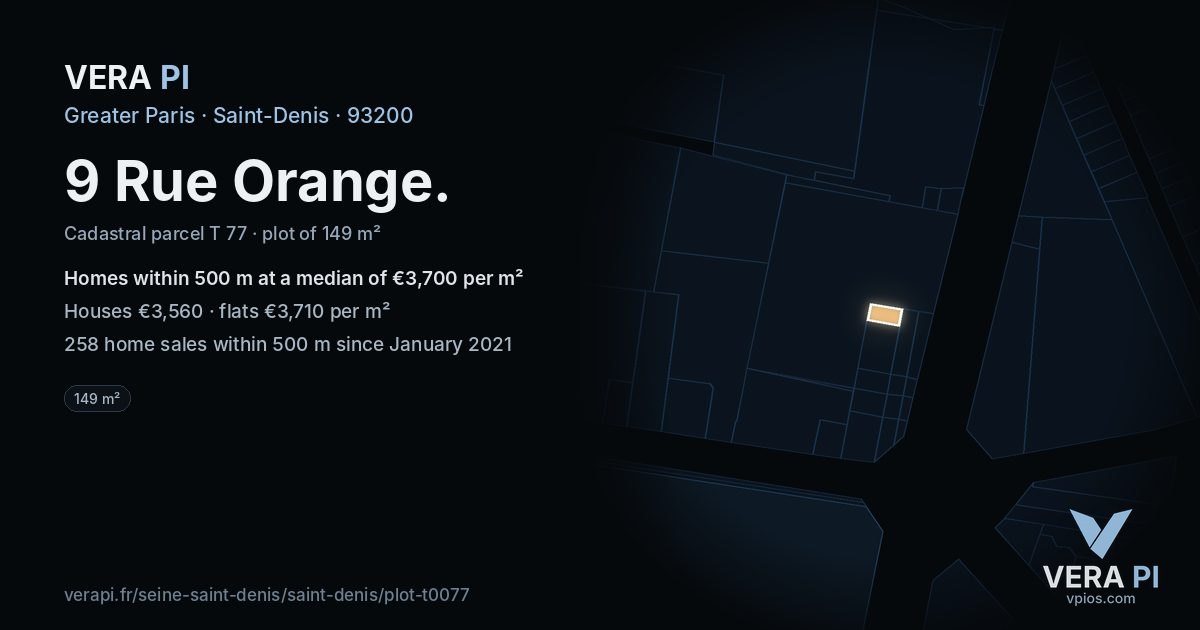 9 Rue Orange, Saint-Denis at night – the plot lit, the parcels around coloured by the prices near them