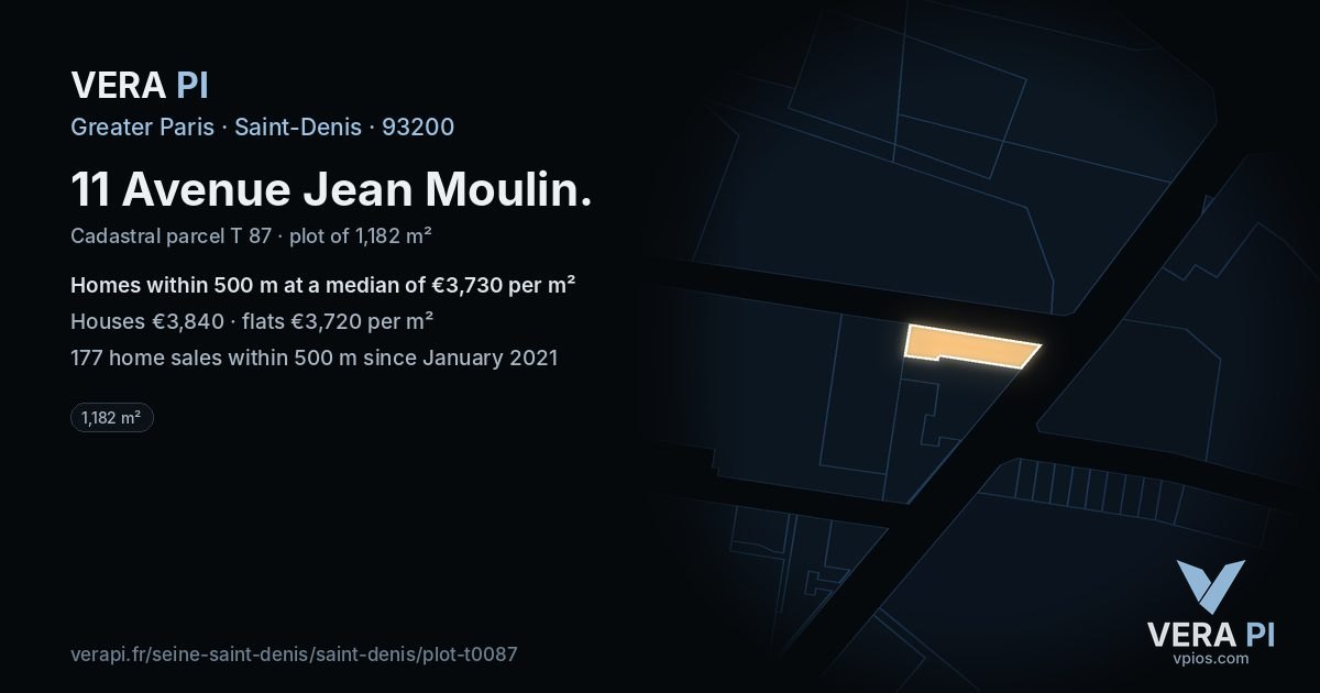 11 Avenue Jean Moulin, Saint-Denis at night – the plot lit, the parcels around coloured by the prices near them