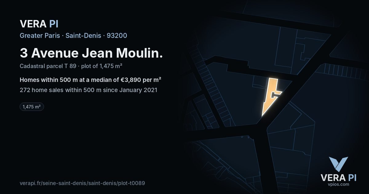 3 Avenue Jean Moulin, Saint-Denis at night – the plot lit, the parcels around coloured by the prices near them