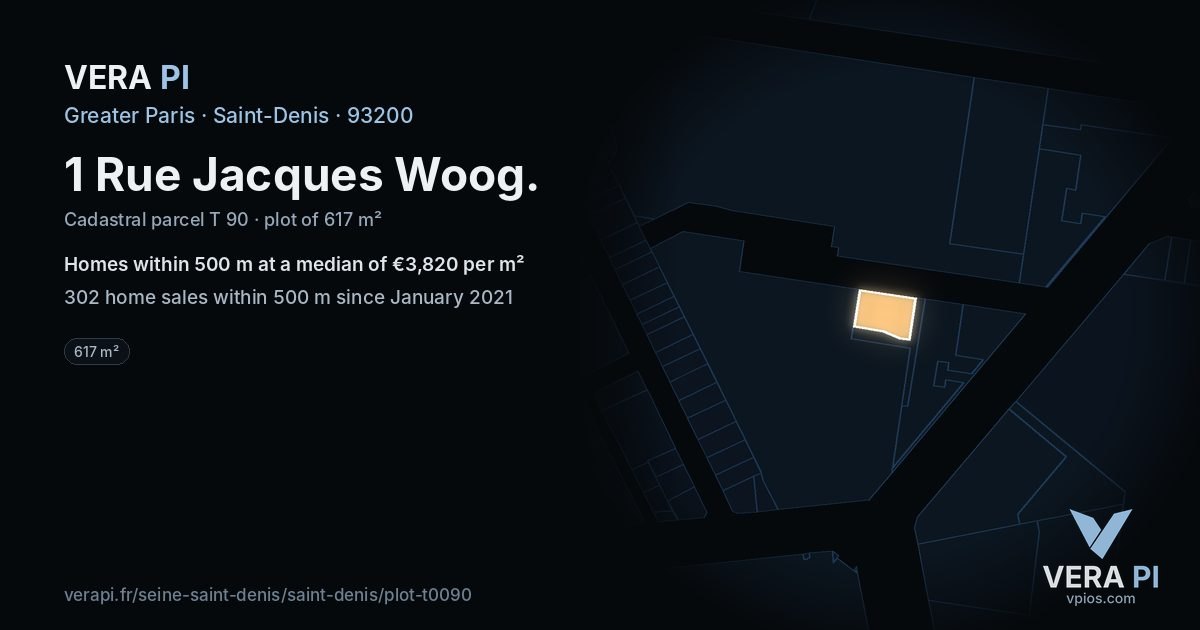 1 Rue Jacques Woog, Saint-Denis at night – the plot lit, the parcels around coloured by the prices near them