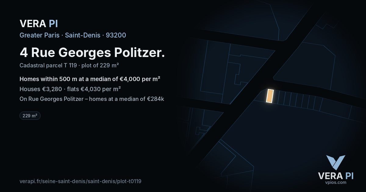 4 Rue Georges Politzer, Saint-Denis at night – the plot lit, the parcels around coloured by the prices near them