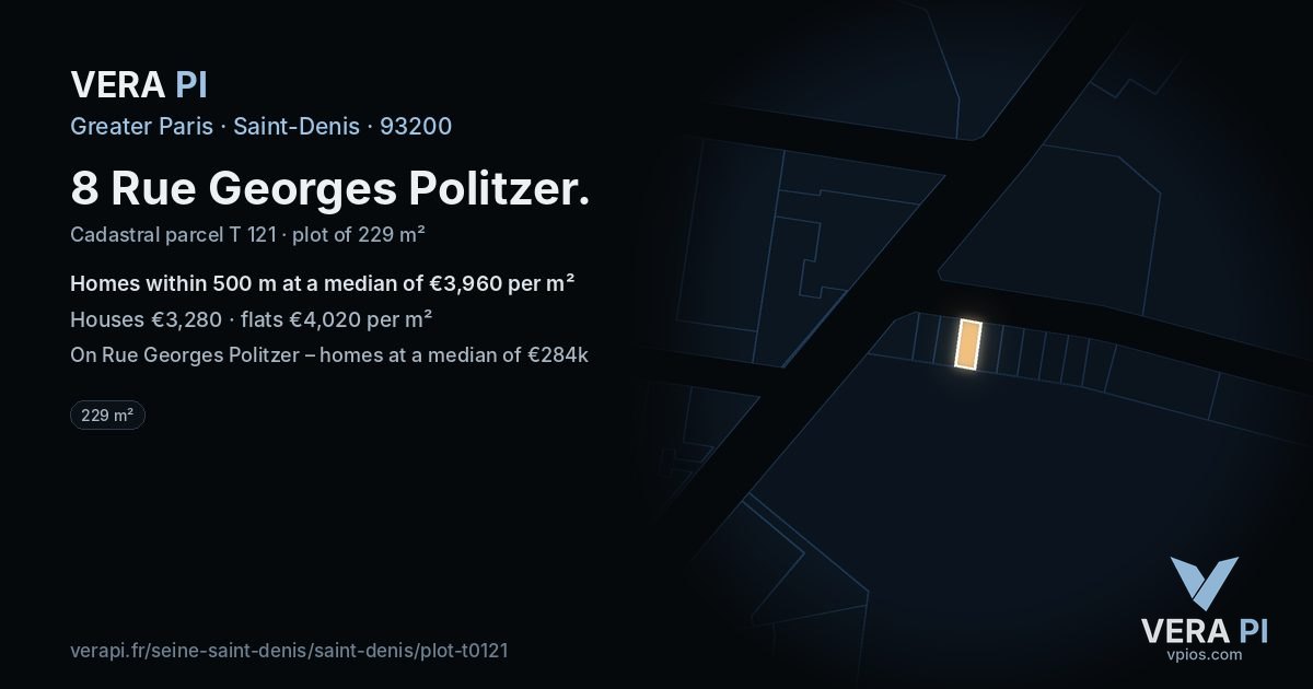 8 Rue Georges Politzer, Saint-Denis at night – the plot lit, the parcels around coloured by the prices near them