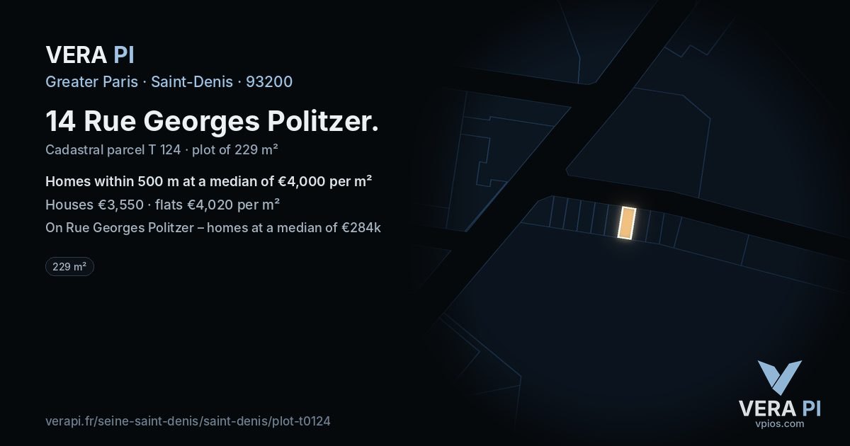 14 Rue Georges Politzer, Saint-Denis at night – the plot lit, the parcels around coloured by the prices near them