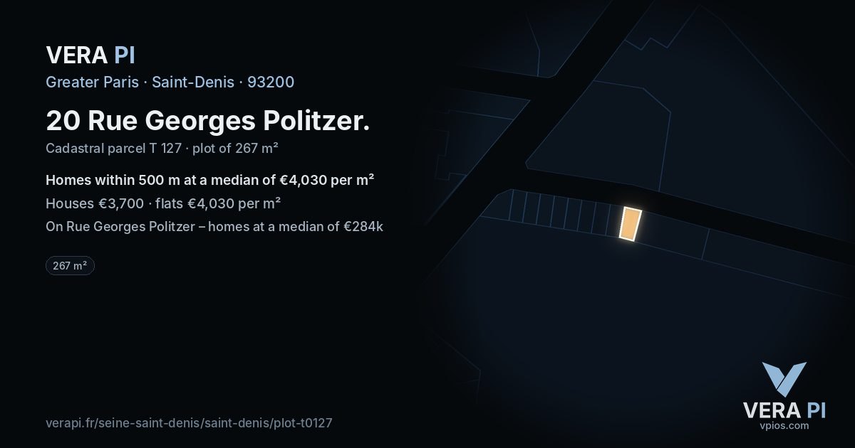 20 Rue Georges Politzer, Saint-Denis at night – the plot lit, the parcels around coloured by the prices near them