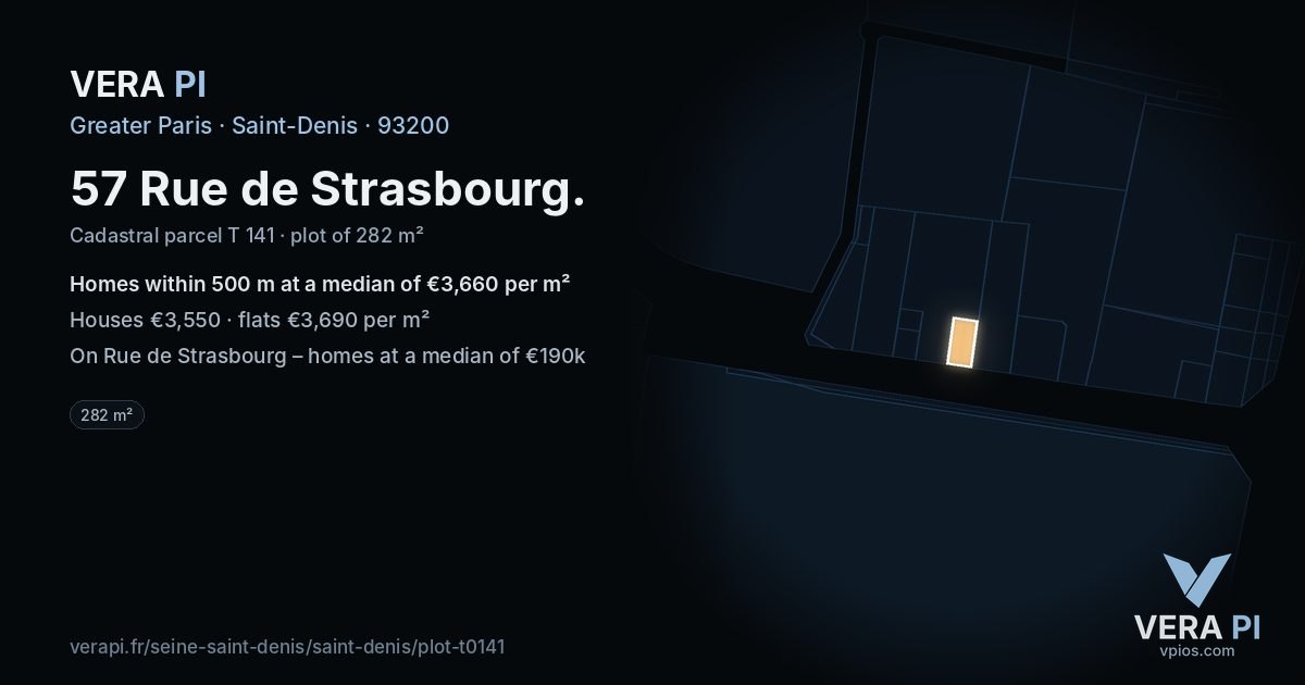 57 Rue de Strasbourg, Saint-Denis at night – the plot lit, the parcels around coloured by the prices near them