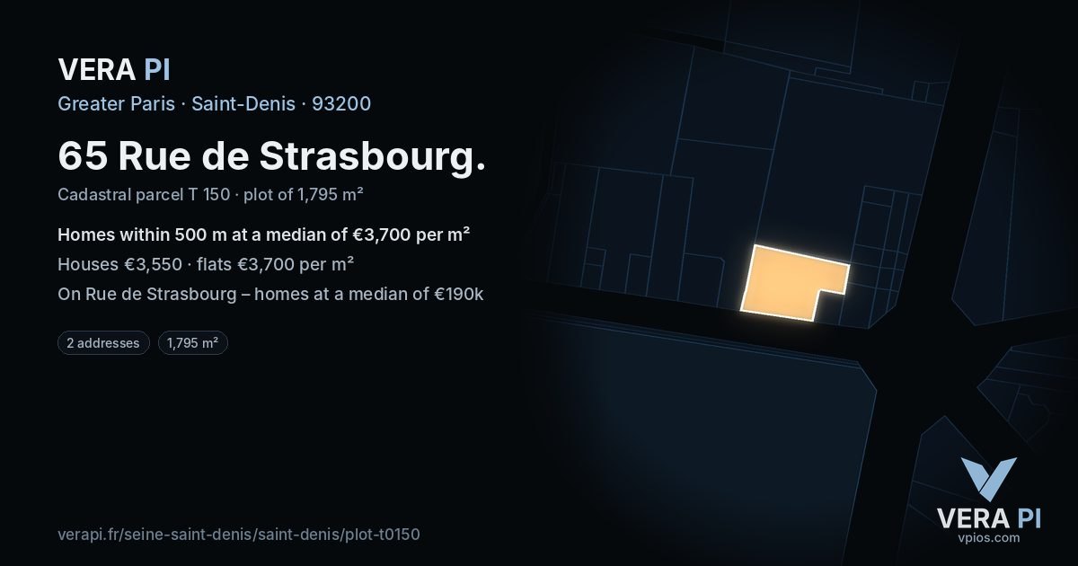 65 Rue de Strasbourg, Saint-Denis at night – the plot lit, the parcels around coloured by the prices near them