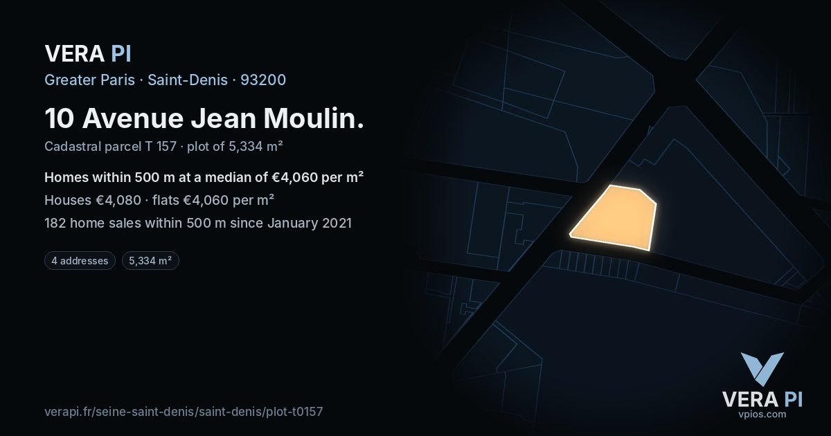 10 Avenue Jean Moulin, Saint-Denis at night – the plot lit, the parcels around coloured by the prices near them