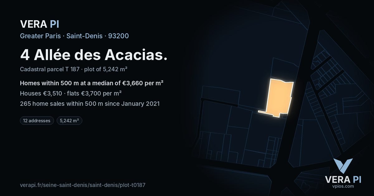 4 Allée des Acacias, Saint-Denis at night – the plot lit, the parcels around coloured by the prices near them