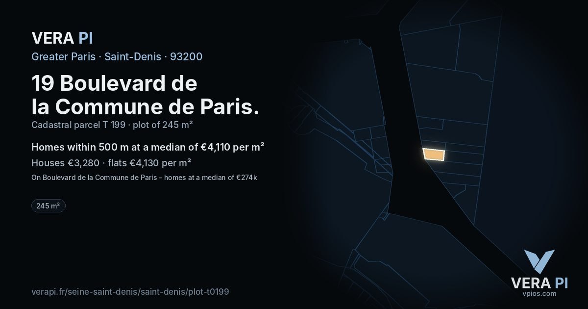 19 Boulevard de la Commune de Paris, Saint-Denis at night – the plot lit, the parcels around coloured by the prices near them