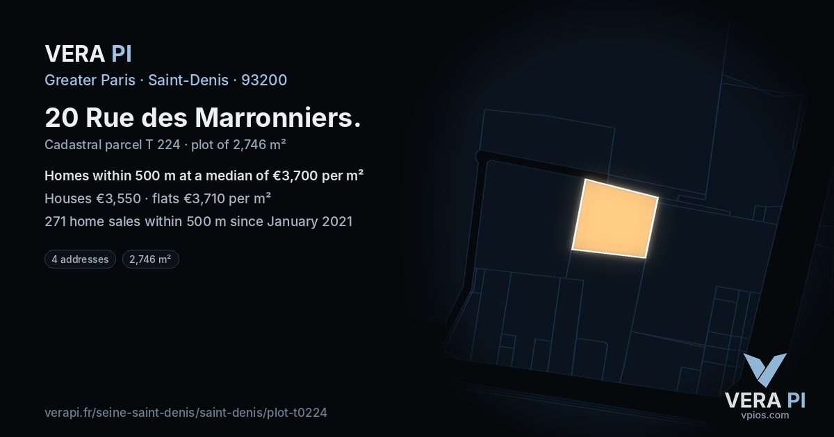 20 Rue des Marronniers, Saint-Denis at night – the plot lit, the parcels around coloured by the prices near them