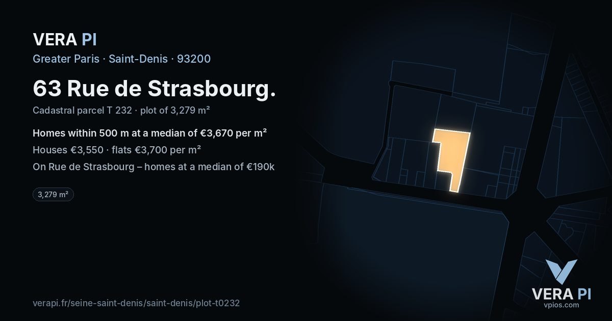 63 Rue de Strasbourg, Saint-Denis at night – the plot lit, the parcels around coloured by the prices near them