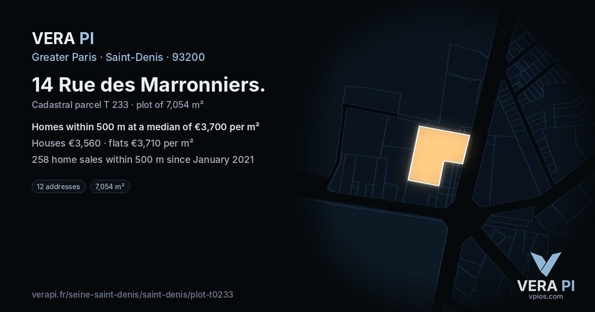 14 Rue des Marronniers, Saint-Denis at night – the plot lit, the parcels around coloured by the prices near them