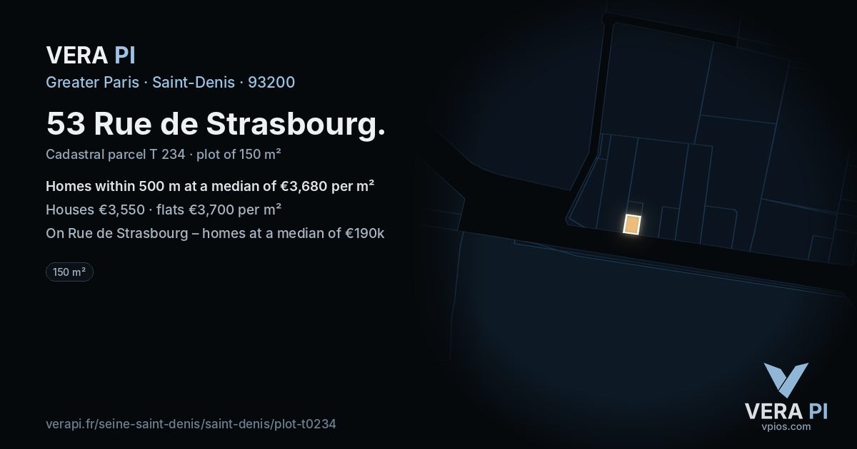 53 Rue de Strasbourg, Saint-Denis at night – the plot lit, the parcels around coloured by the prices near them