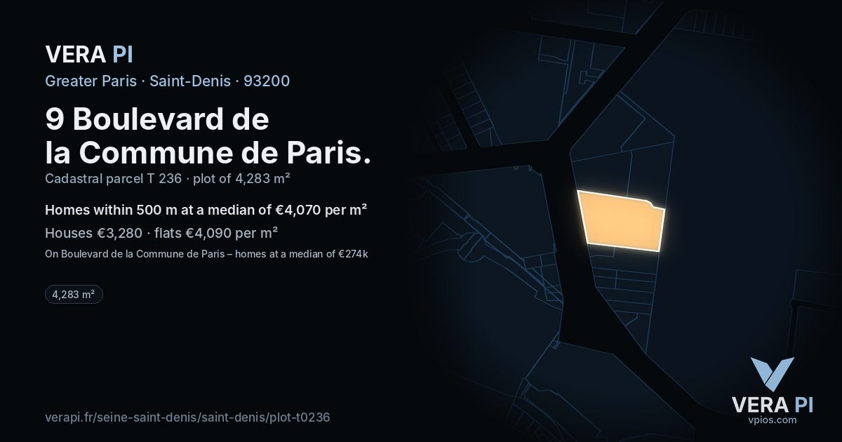 9 Boulevard de la Commune de Paris, Saint-Denis at night – the plot lit, the parcels around coloured by the prices near them