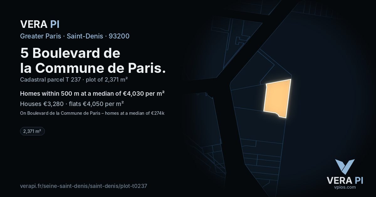 5 Boulevard de la Commune de Paris, Saint-Denis at night – the plot lit, the parcels around coloured by the prices near them