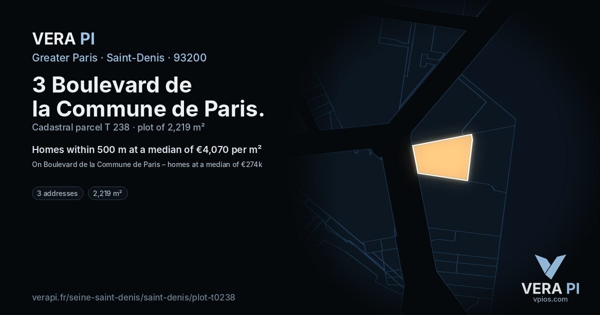 3 Boulevard de la Commune de Paris, Saint-Denis at night – the plot lit, the parcels around coloured by the prices near them