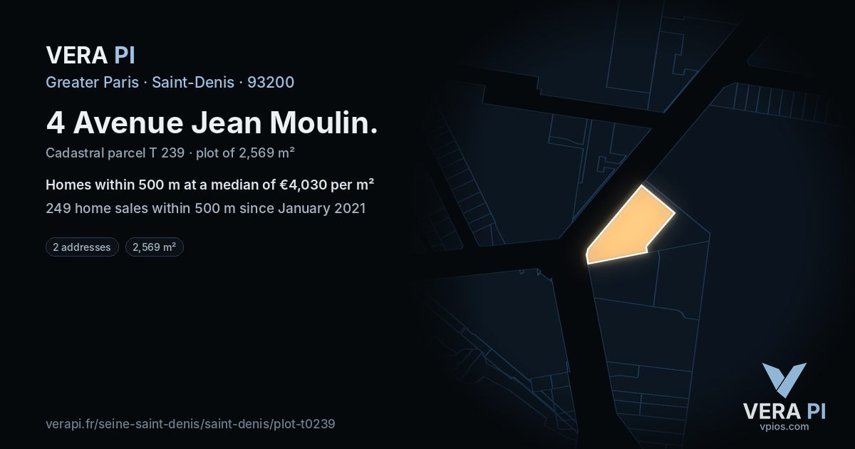 4 Avenue Jean Moulin, Saint-Denis at night – the plot lit, the parcels around coloured by the prices near them
