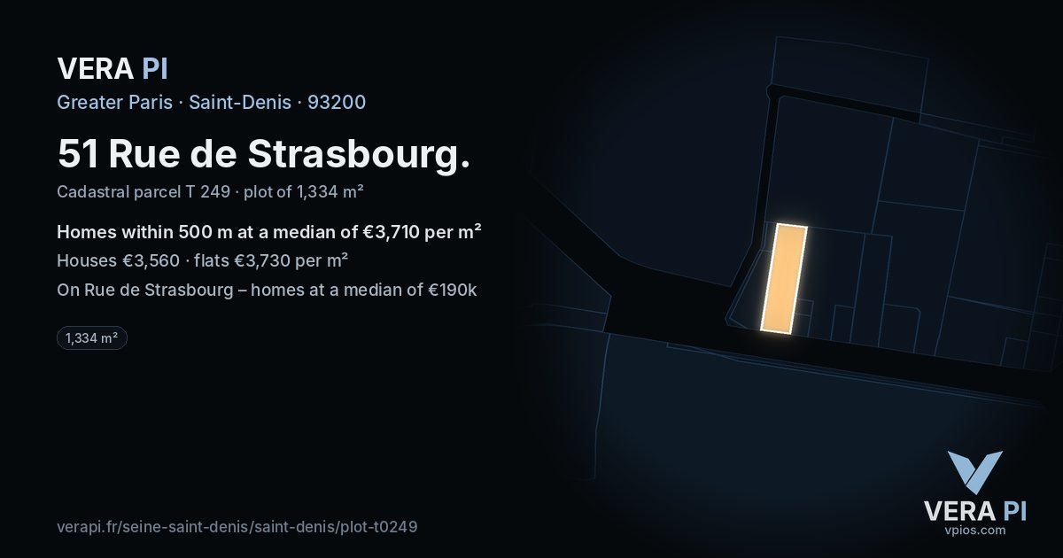 51 Rue de Strasbourg, Saint-Denis at night – the plot lit, the parcels around coloured by the prices near them