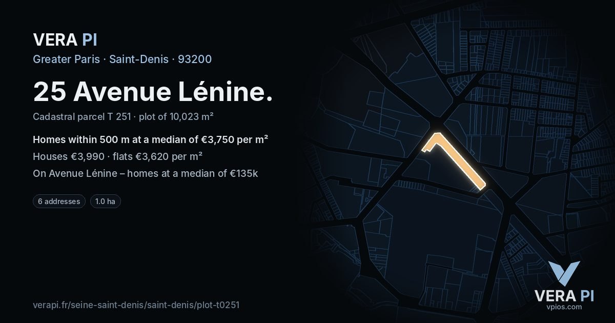 25 Avenue Lénine, Saint-Denis at night – the plot lit, the parcels around coloured by the prices near them