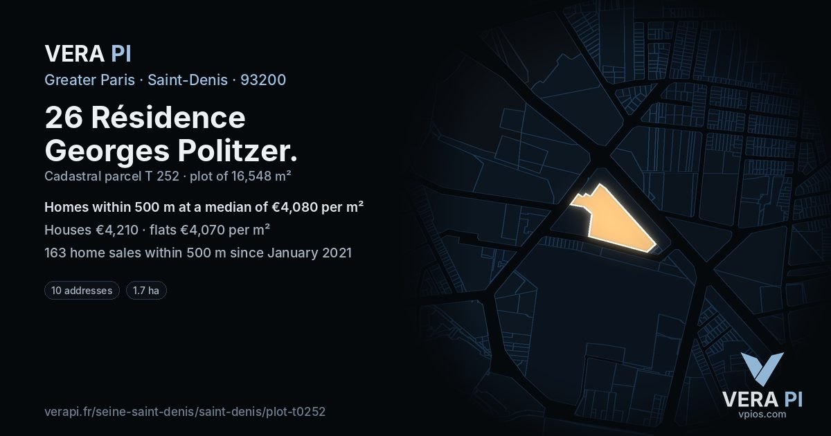 26 Résidence Georges Politzer, Saint-Denis at night – the plot lit, the parcels around coloured by the prices near them