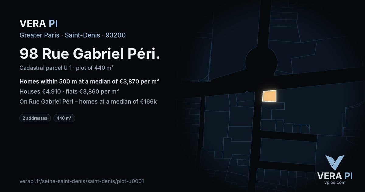 98 Rue Gabriel Péri, Saint-Denis at night – the plot lit, the parcels around coloured by the prices near them