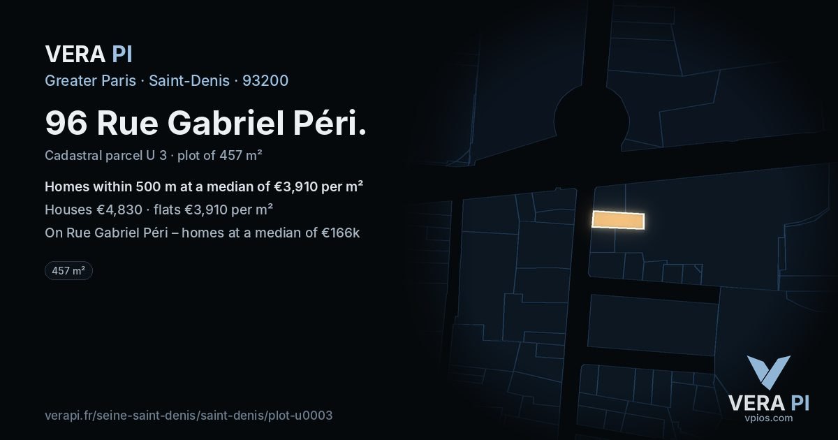 96 Rue Gabriel Péri, Saint-Denis at night – the plot lit, the parcels around coloured by the prices near them