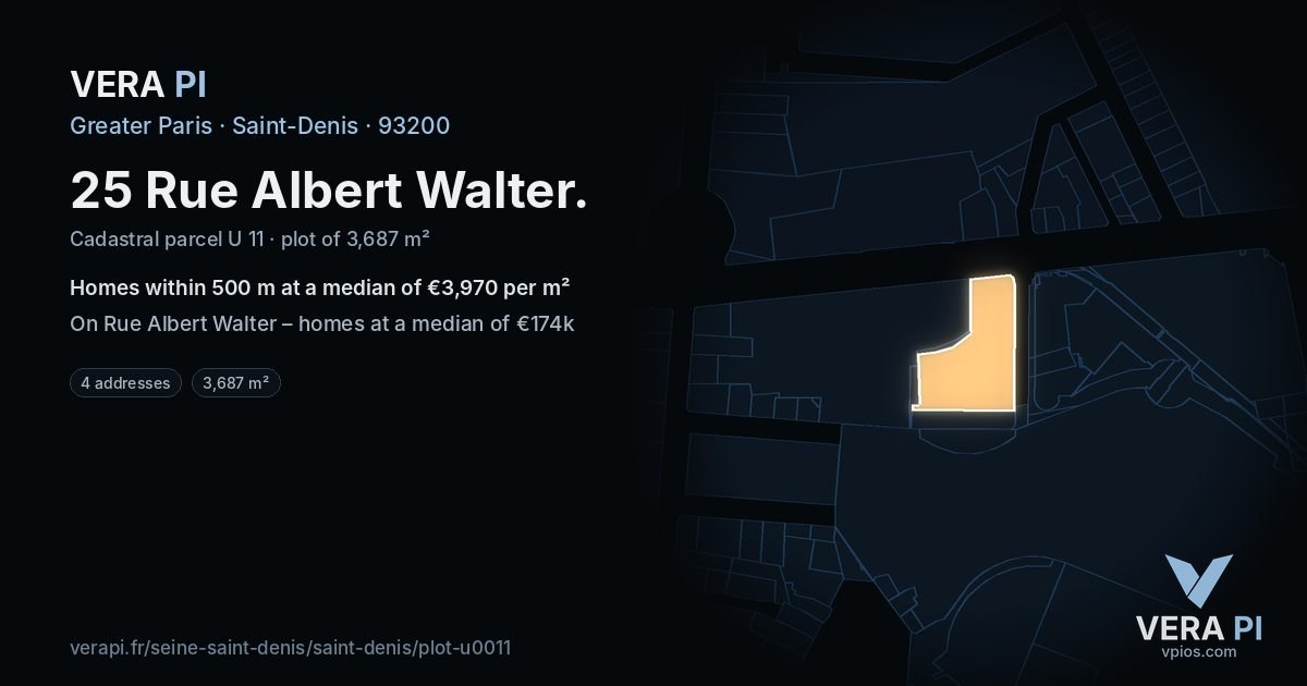 25 Rue Albert Walter, Saint-Denis at night – the plot lit, the parcels around coloured by the prices near them