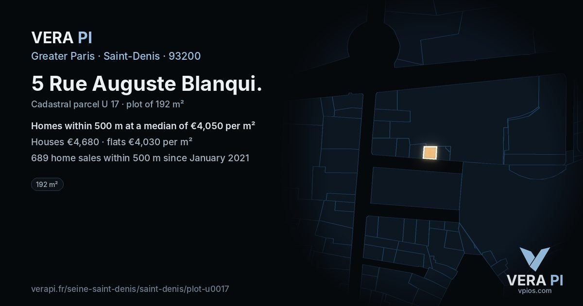 5 Rue Auguste Blanqui, Saint-Denis at night – the plot lit, the parcels around coloured by the prices near them