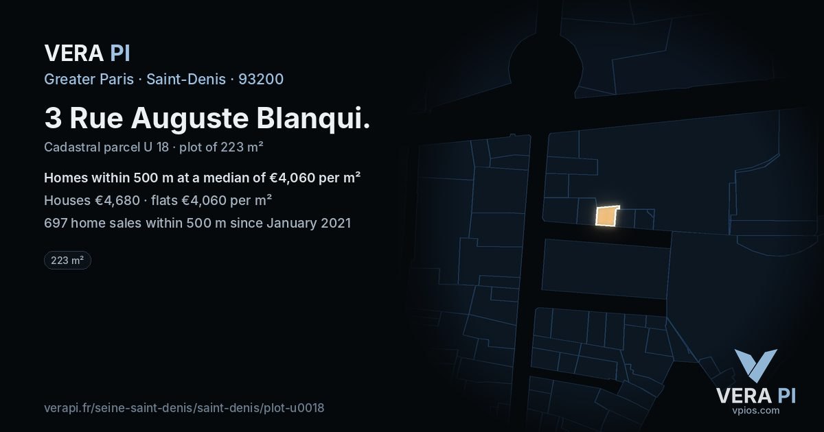 3 Rue Auguste Blanqui, Saint-Denis at night – the plot lit, the parcels around coloured by the prices near them