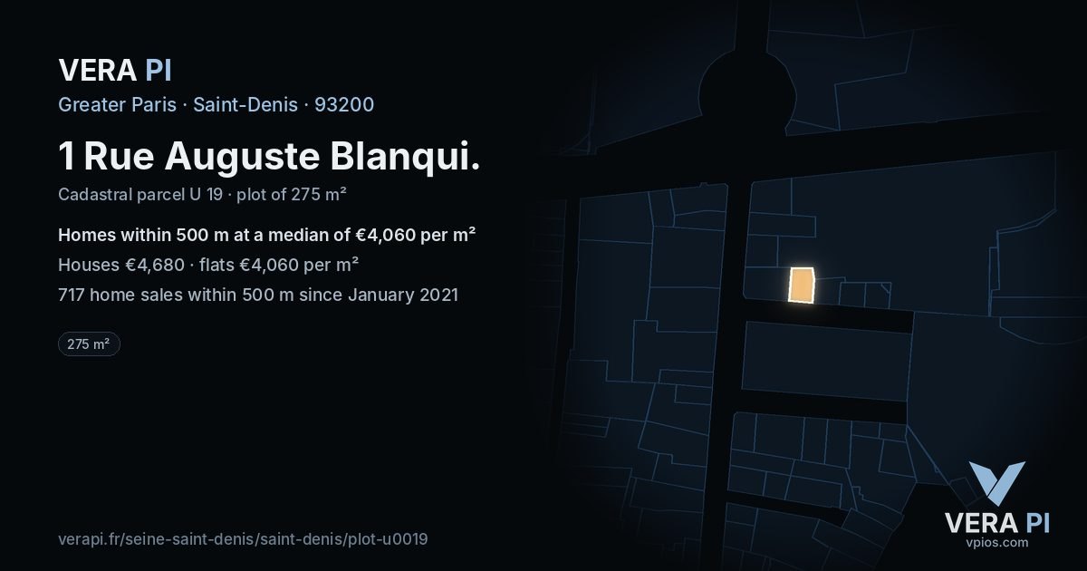 1 Rue Auguste Blanqui, Saint-Denis at night – the plot lit, the parcels around coloured by the prices near them