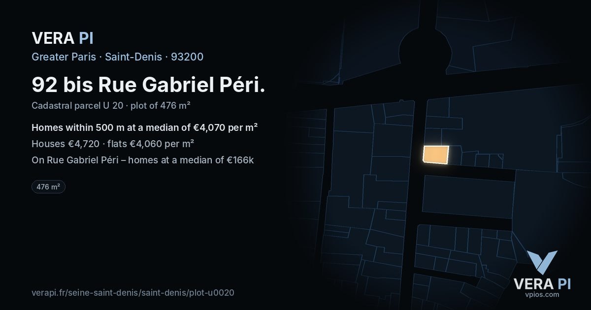 92 bis Rue Gabriel Péri, Saint-Denis at night – the plot lit, the parcels around coloured by the prices near them