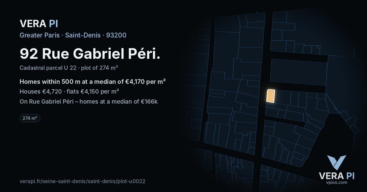 92 Rue Gabriel Péri, Saint-Denis at night – the plot lit, the parcels around coloured by the prices near them
