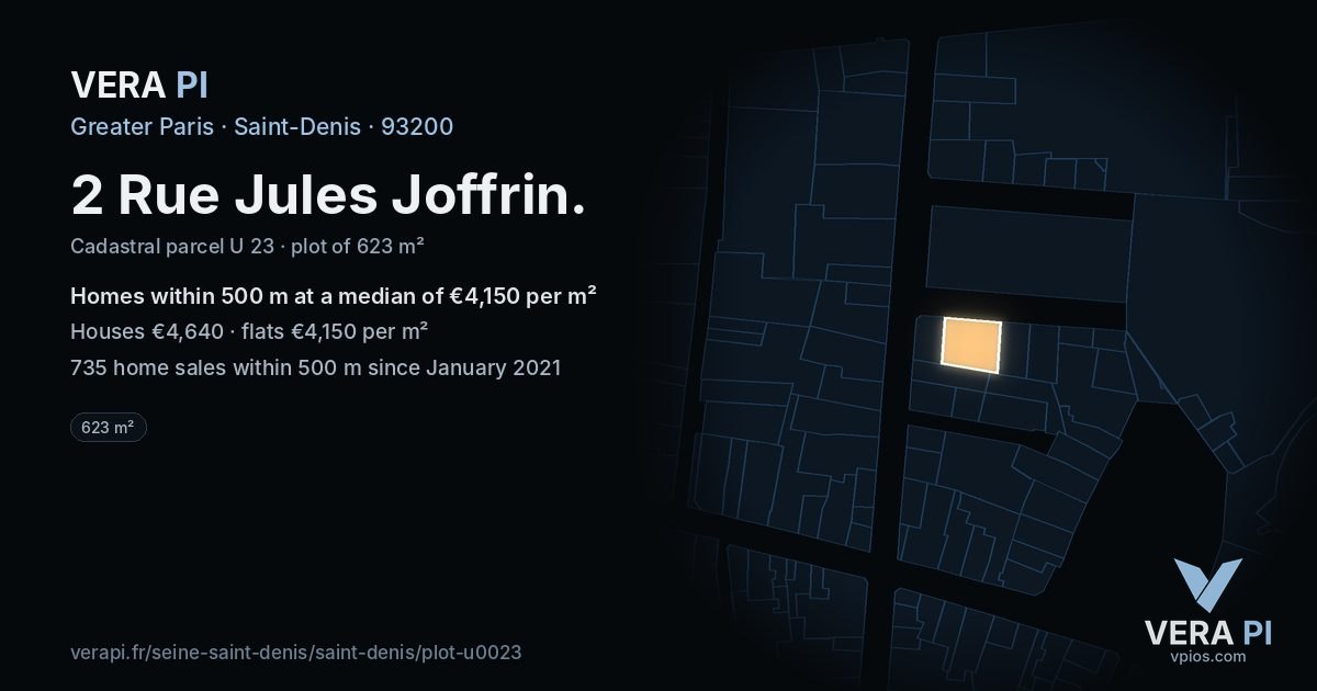 2 Rue Jules Joffrin, Saint-Denis at night – the plot lit, the parcels around coloured by the prices near them