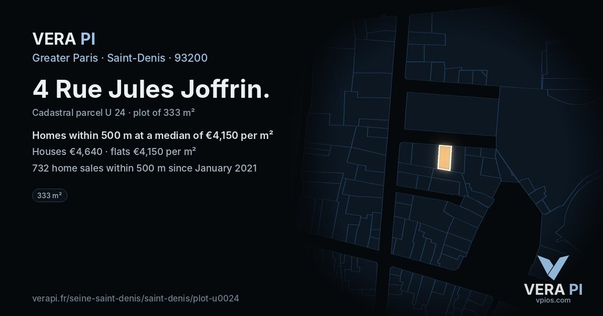 4 Rue Jules Joffrin, Saint-Denis at night – the plot lit, the parcels around coloured by the prices near them