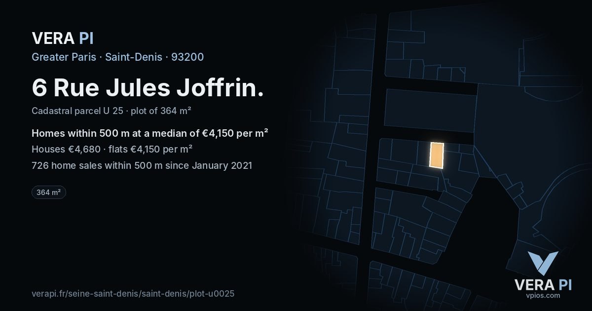 6 Rue Jules Joffrin, Saint-Denis at night – the plot lit, the parcels around coloured by the prices near them
