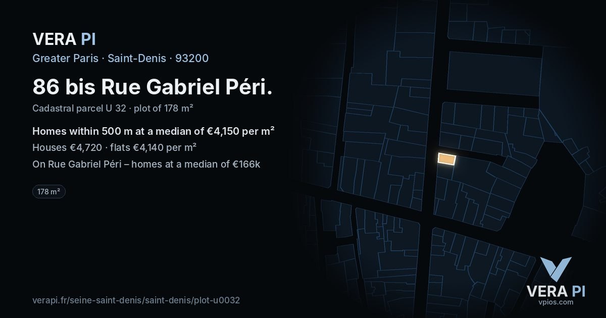 86 bis Rue Gabriel Péri, Saint-Denis at night – the plot lit, the parcels around coloured by the prices near them