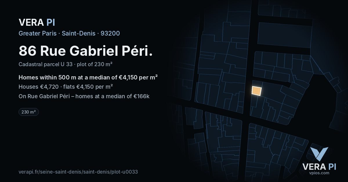 86 Rue Gabriel Péri, Saint-Denis at night – the plot lit, the parcels around coloured by the prices near them