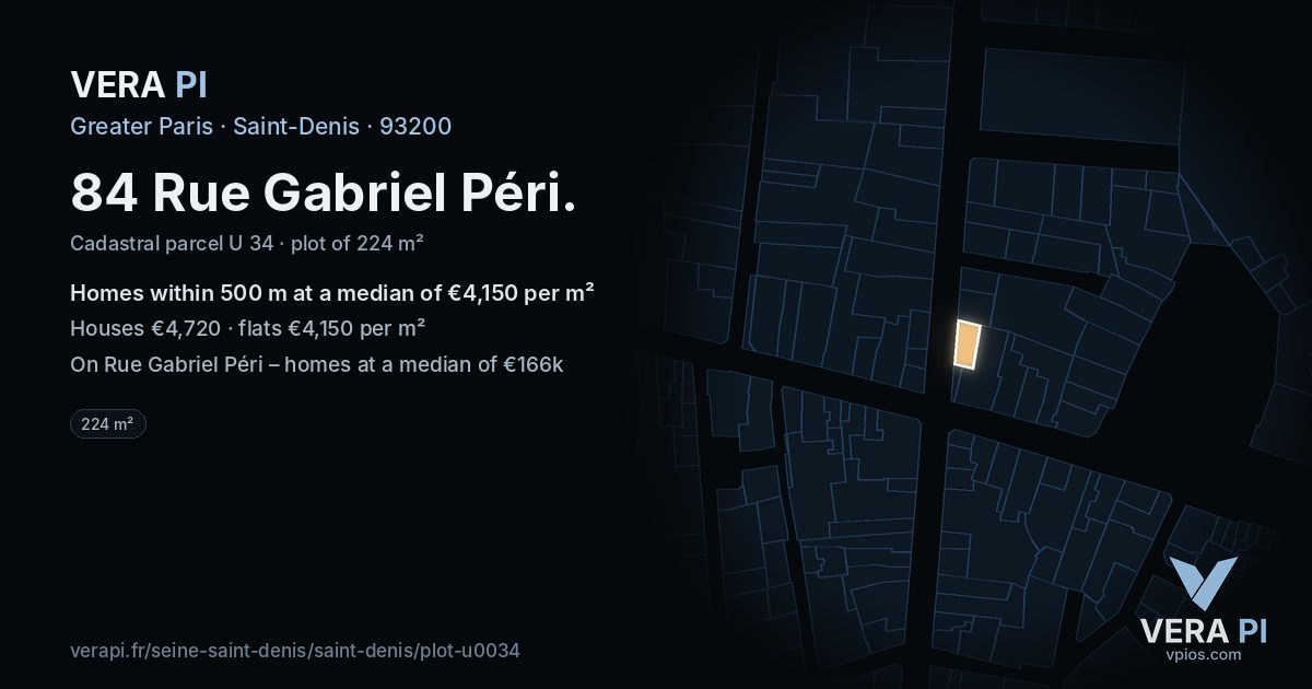 84 Rue Gabriel Péri, Saint-Denis at night – the plot lit, the parcels around coloured by the prices near them