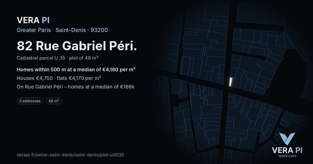82 Rue Gabriel Péri, Saint-Denis at night – the plot lit, the parcels around coloured by the prices near them