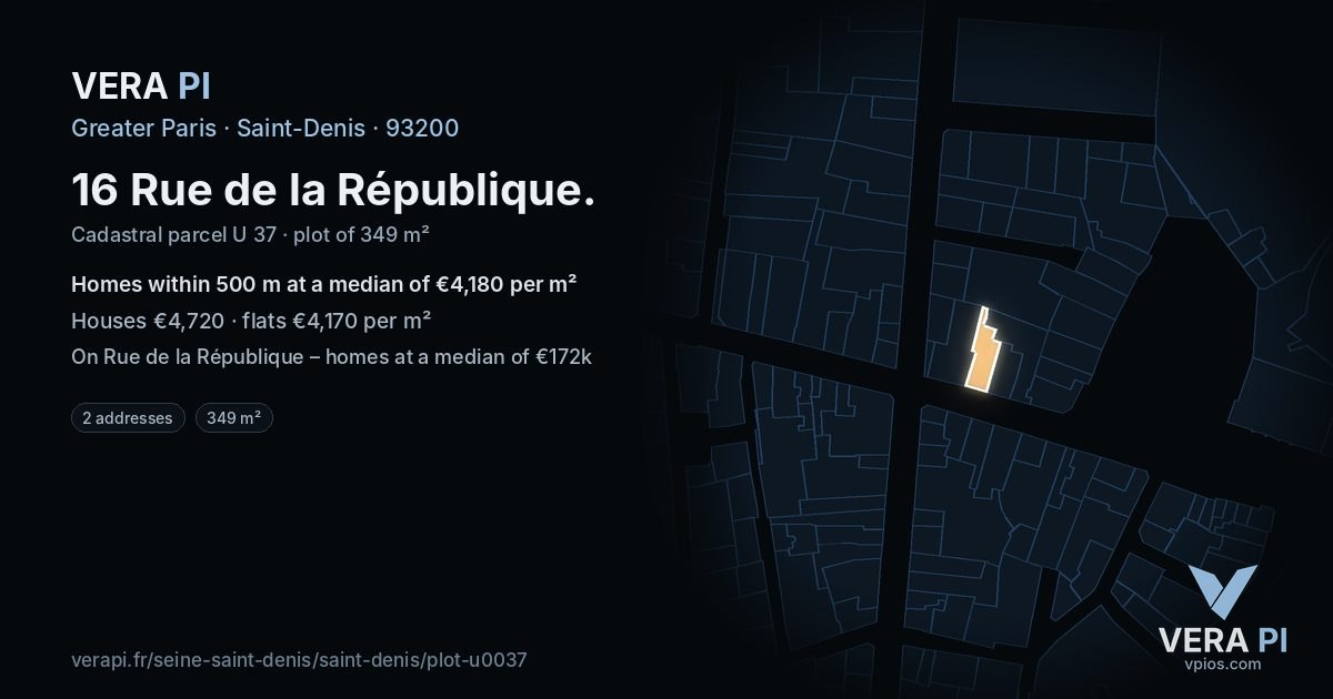 16 Rue de la République, Saint-Denis at night – the plot lit, the parcels around coloured by the prices near them